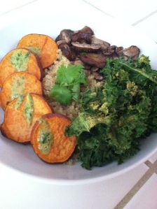 Quinoa & roasted sweet potato, mushroom, and kale with the coconut milk dressing